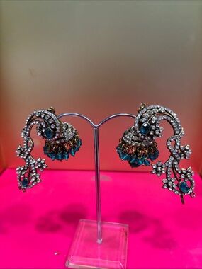 Intricate Teal and Clear Crystal Jhumka Earrings - Women Jewelry